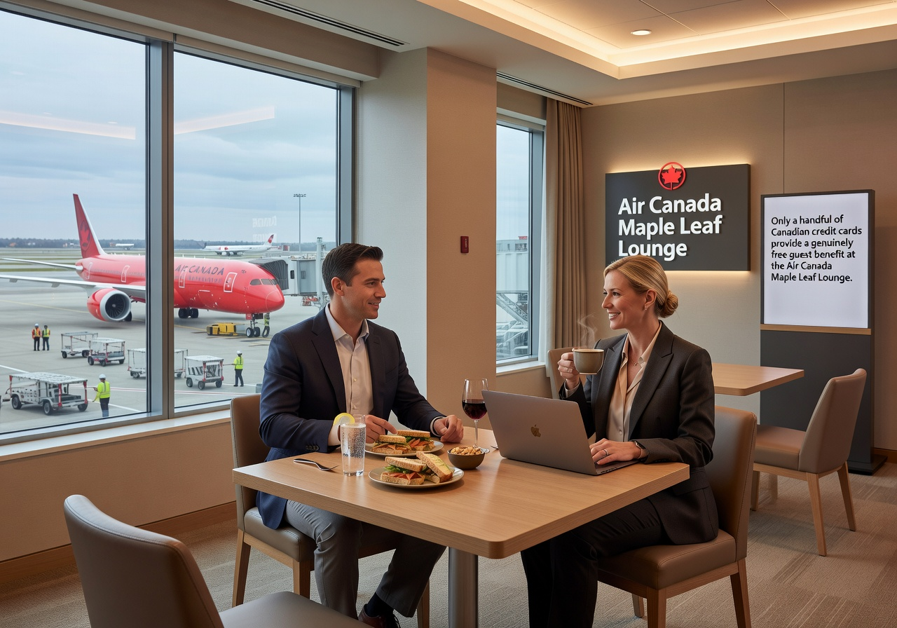 Two travellers in an Air Canada Maple Leaf Lounge at a Canadian airport