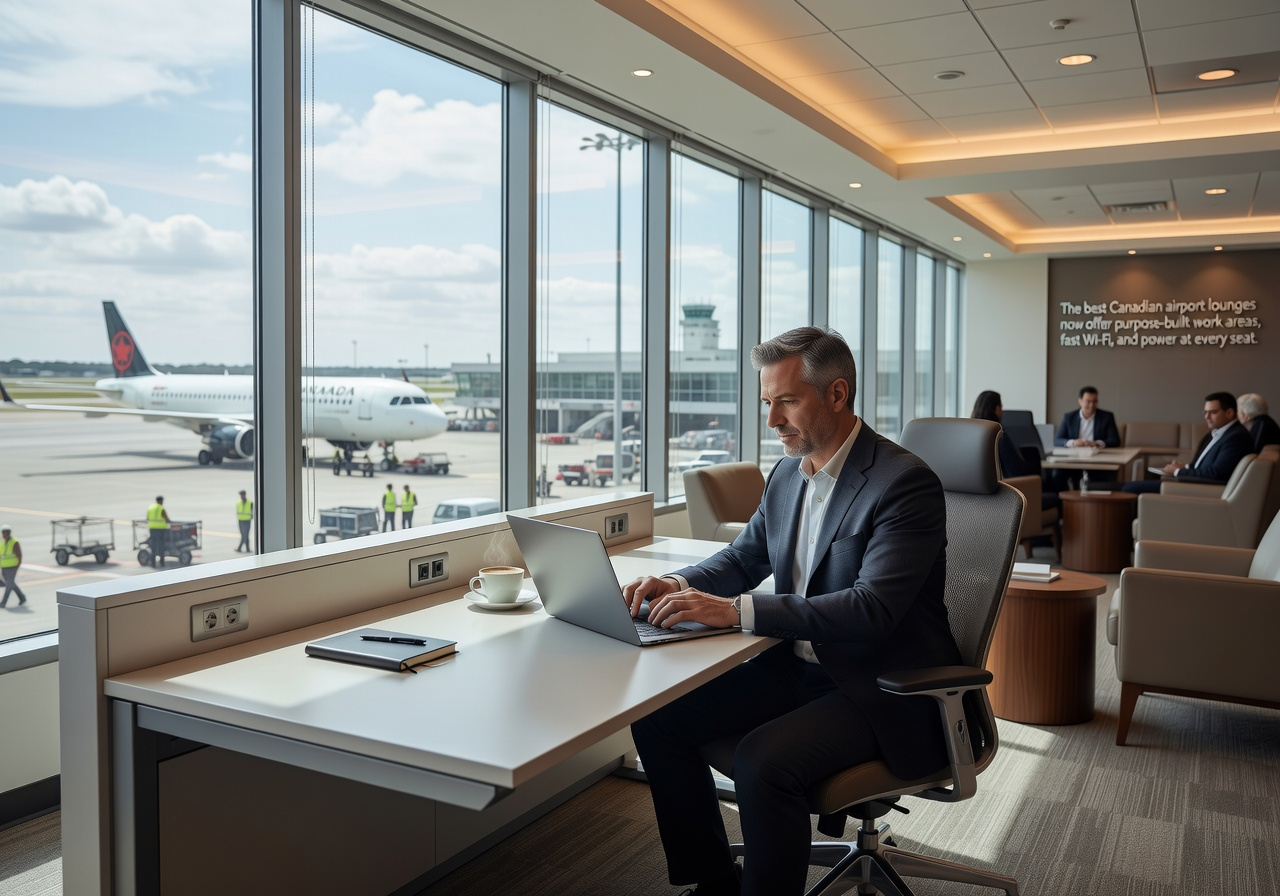 Remote worker at a Canadian airport lounge workstation with laptop and tarmac views