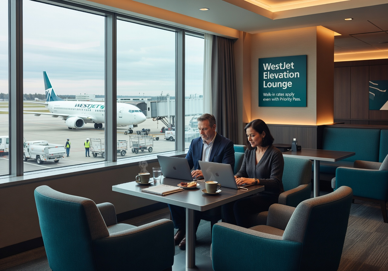 Two travellers in a WestJet Elevation Lounge at a Canadian airport