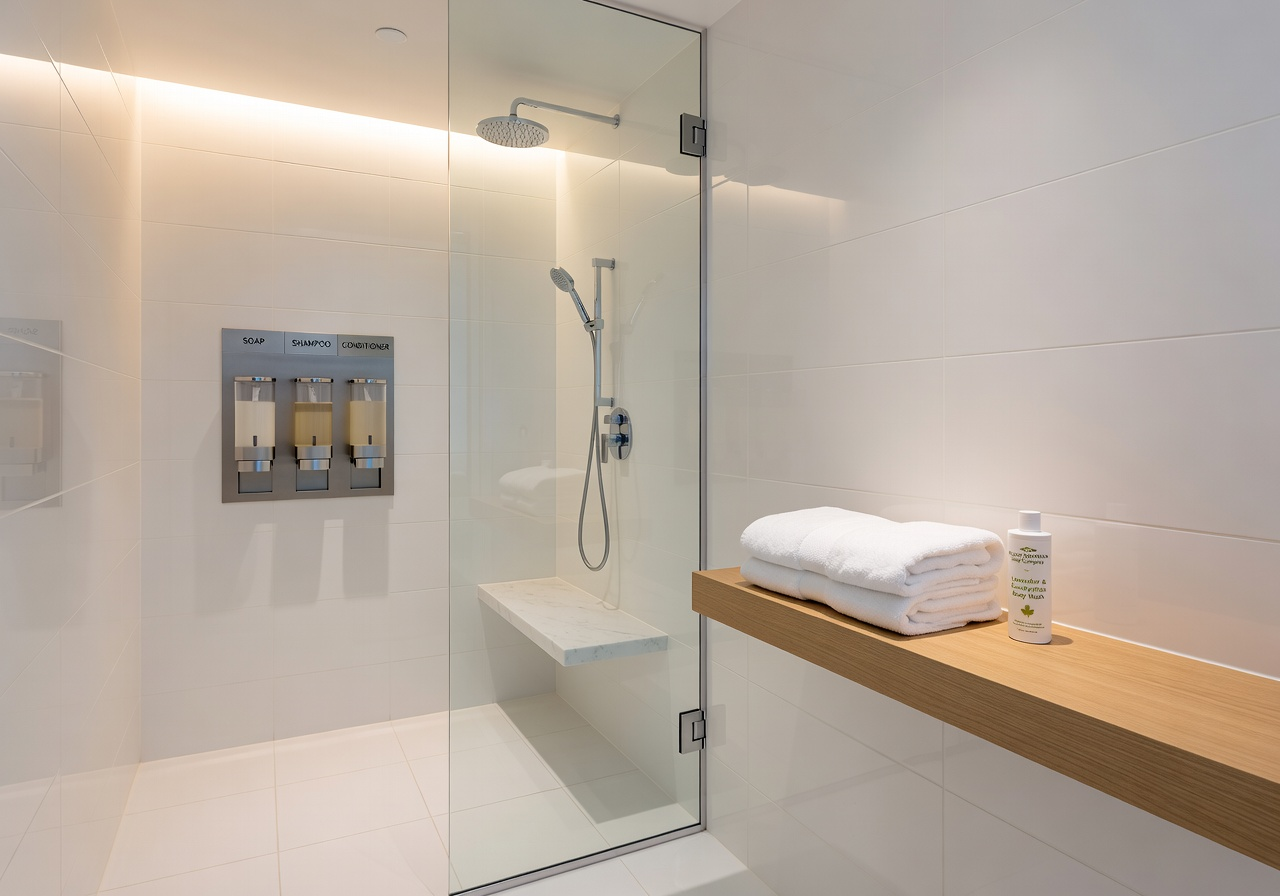 Clean airport lounge shower room with walk-in stall and towels