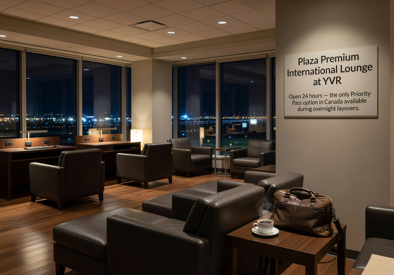 Plaza Premium 24-hour lounge at Vancouver International Airport for overnight layovers