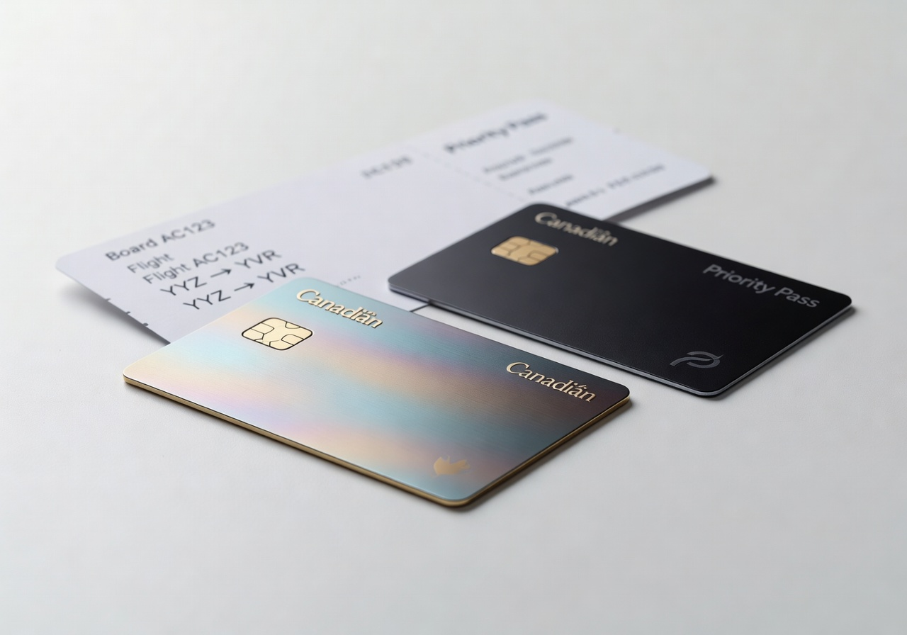 Canadian travel credit card and Priority Pass membership card used for airport lounge access