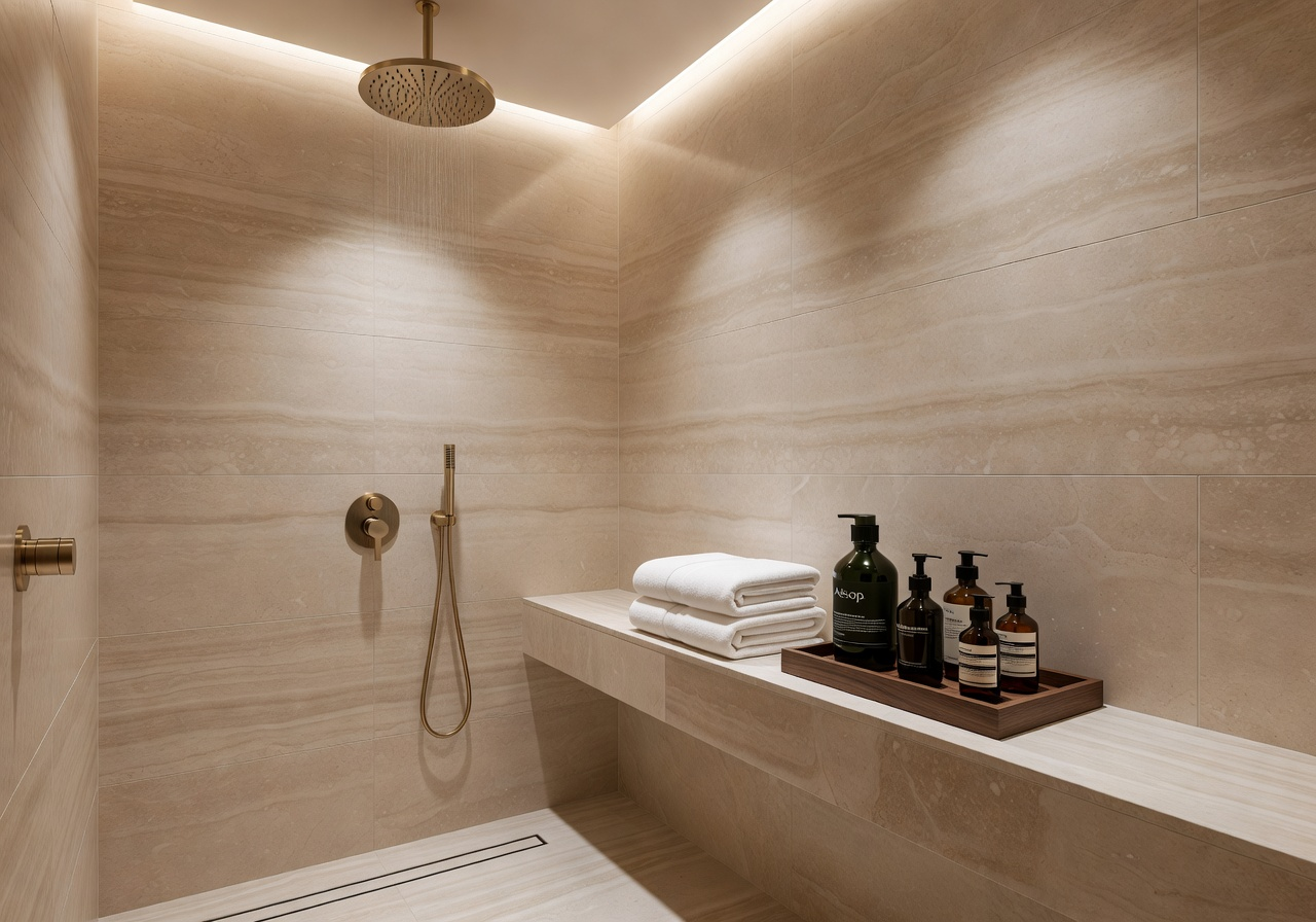 A premium airport lounge shower suite with rain shower and high-end amenities