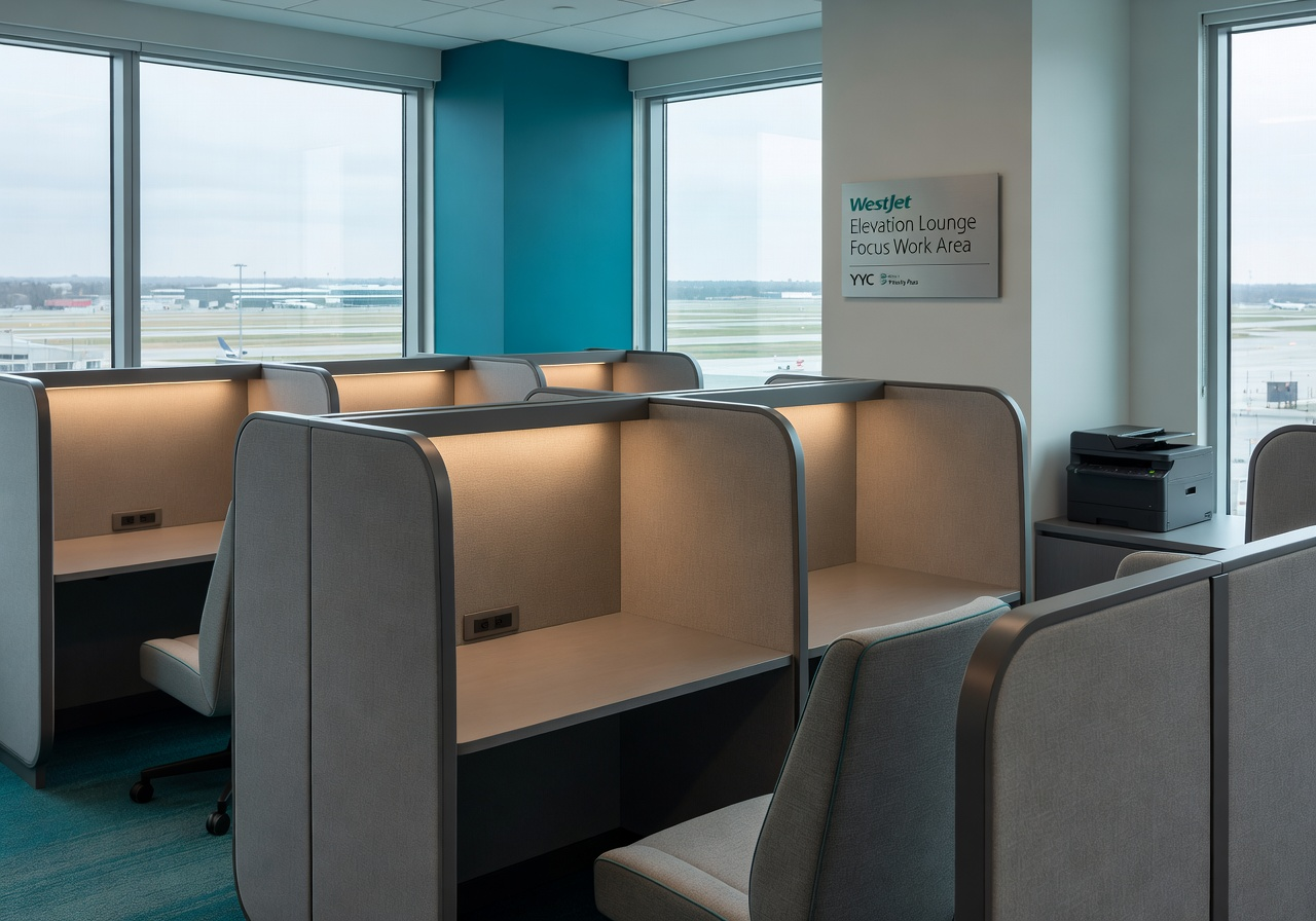 WestJet Elevation Lounge focus work area at Calgary International Airport (YYC)